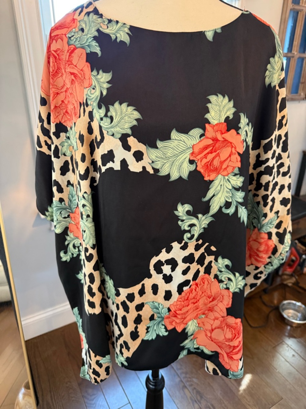 IMAN Black Floral & Leopard Print Blouse with Coral Roses Reversible to Leopard